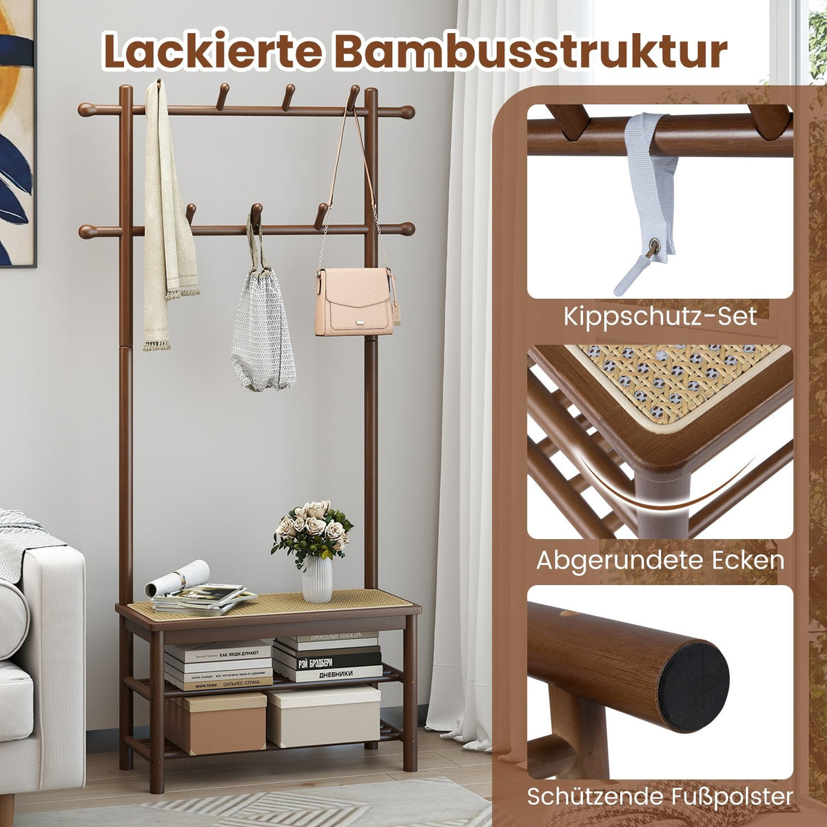 Coat Rack with Shoe Bench, Bamboo, 2 Rods, 13 Hooks