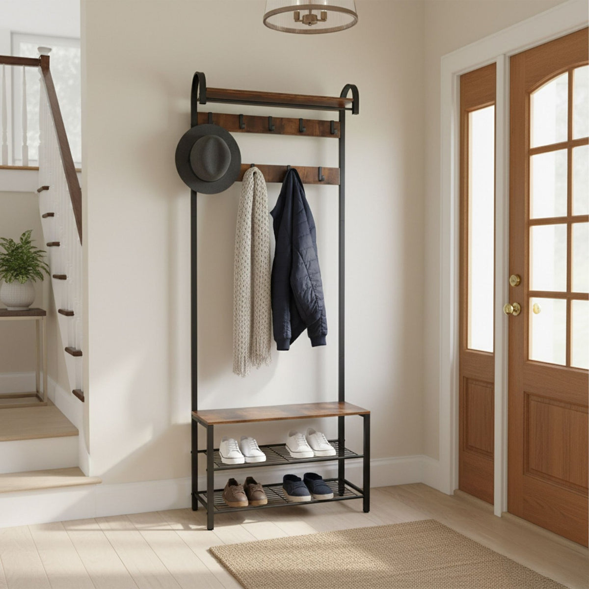 Coat Rack with Shoe Bench – Iron, 2 Hook Rails, Hat Shelf