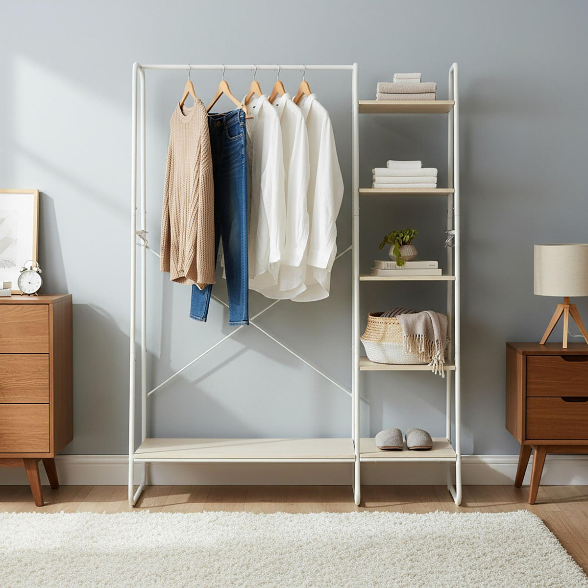Coat Rack with Shoe Shelf – Metal Frame, Wood Shelves