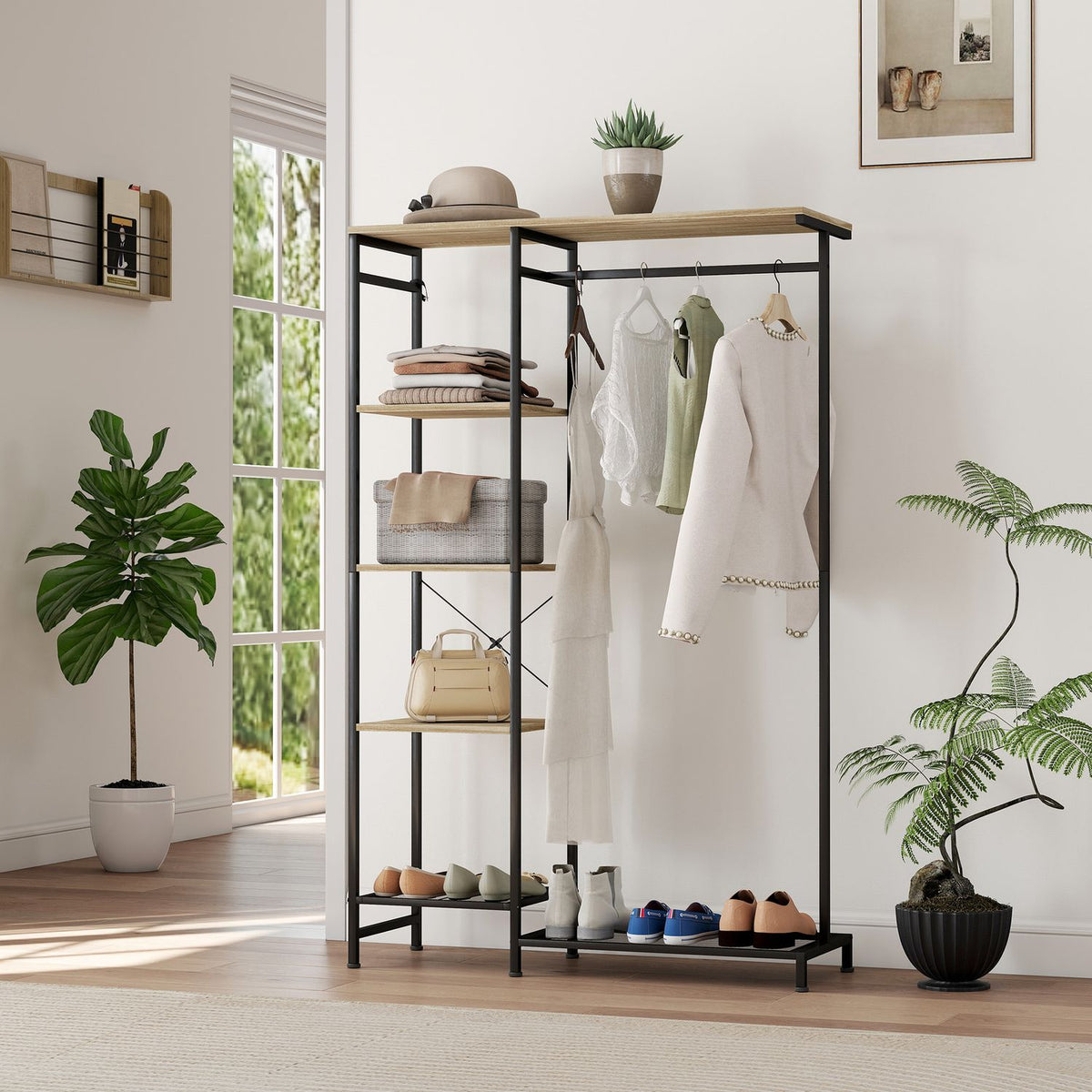 Coat Rack with Shoe Shelf and Safety Strap, Oak