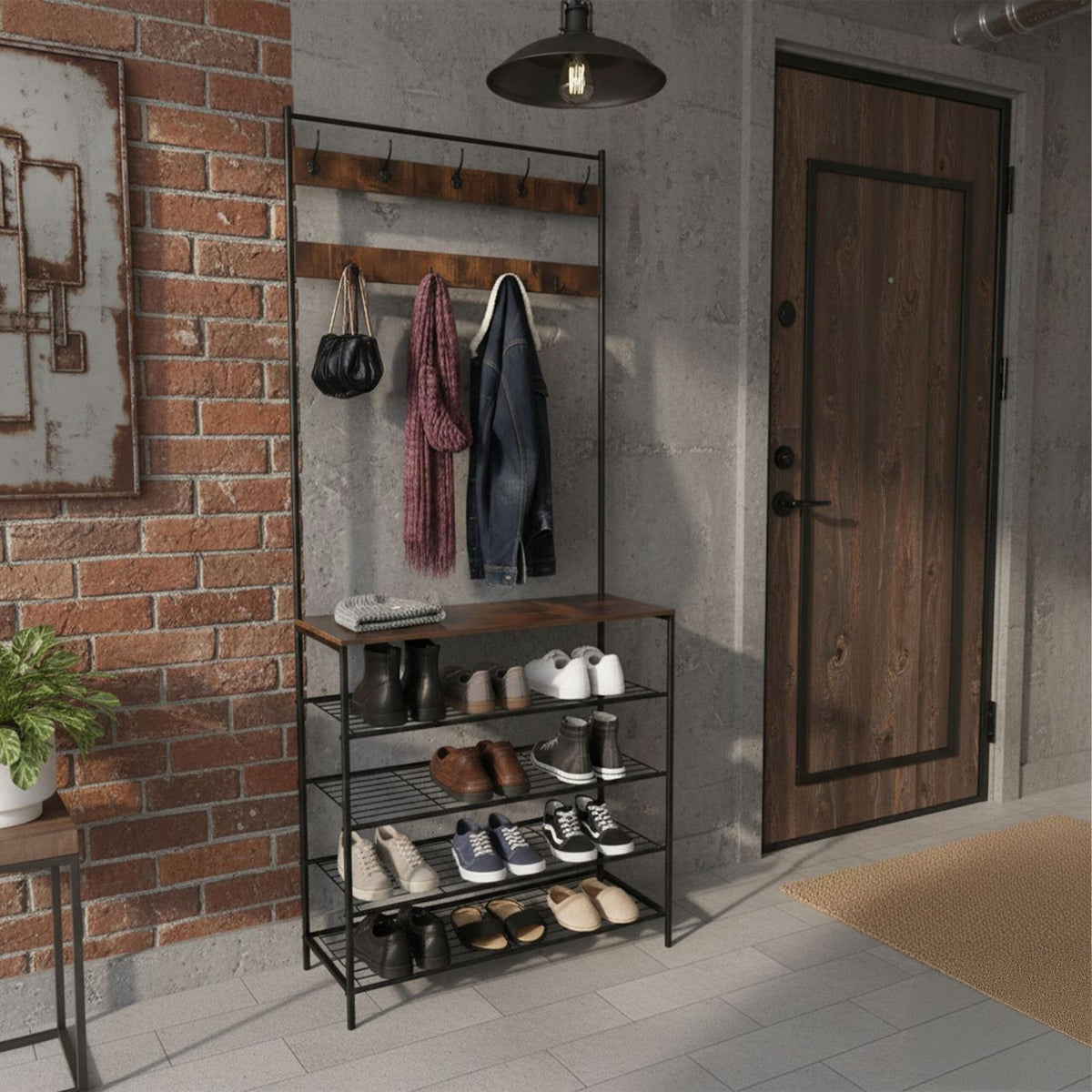 Coat Rack with Shoe Storage – Iron, 2 Hook Rails, 4 Shelves