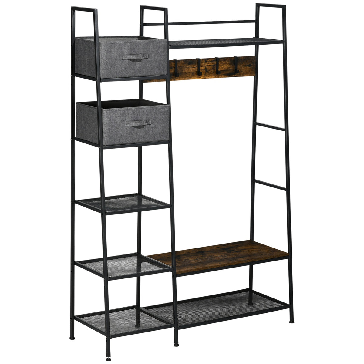 Coat Stand, Coat Stand With Bench, Clothes Stand With Fabric Drawers, 185.5 Cm High, Coat Rack, Rustic Brown + Gray
