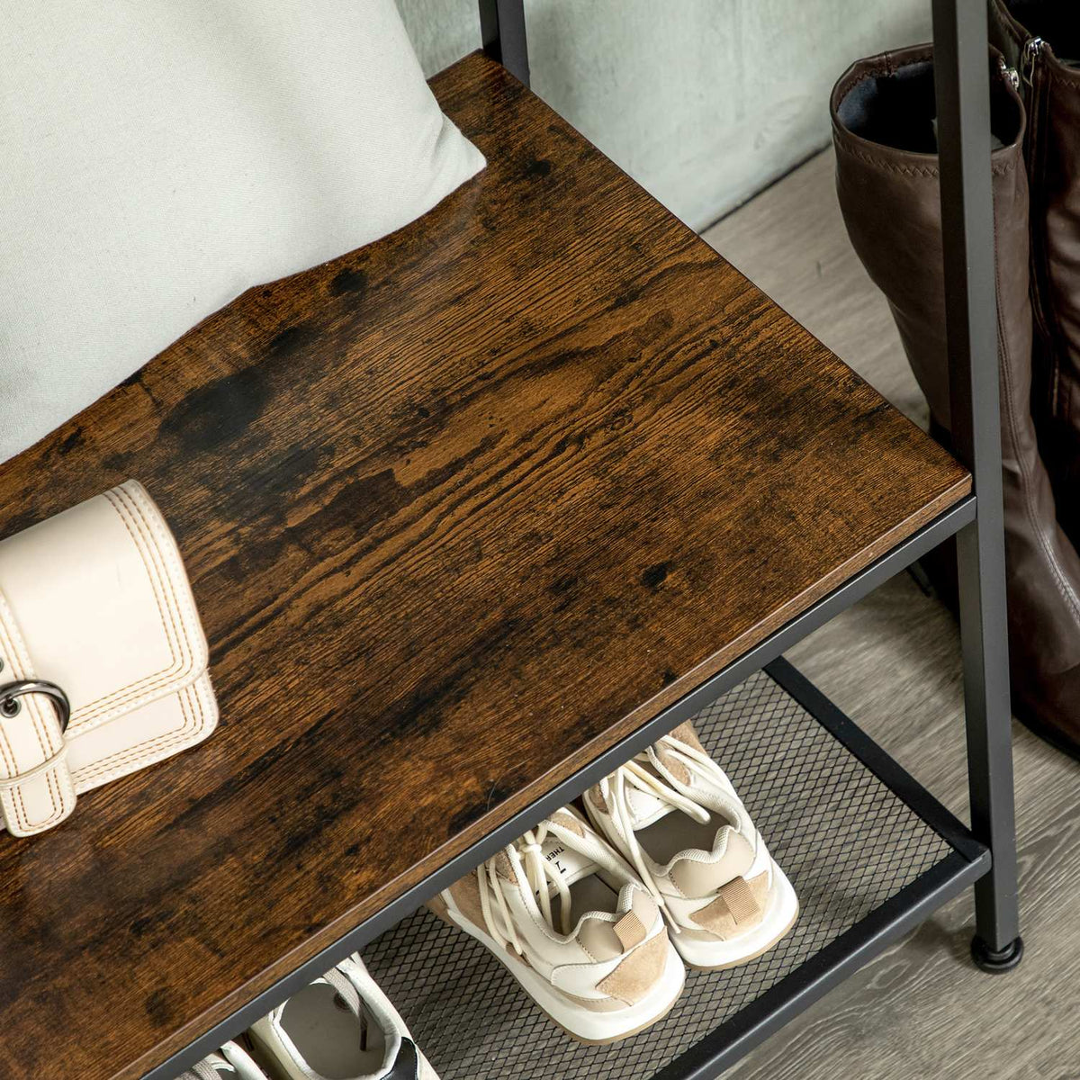 Coat Stand, Coat Stand With Bench, Clothes Stand With Fabric Drawers, 185.5 Cm High, Coat Rack, Rustic Brown + Gray