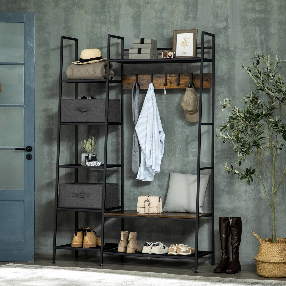 Coat Stand, Coat Stand With Bench, Clothes Stand With Fabric Drawers, 185.5 Cm High, Coat Rack, Rustic Brown + Gray