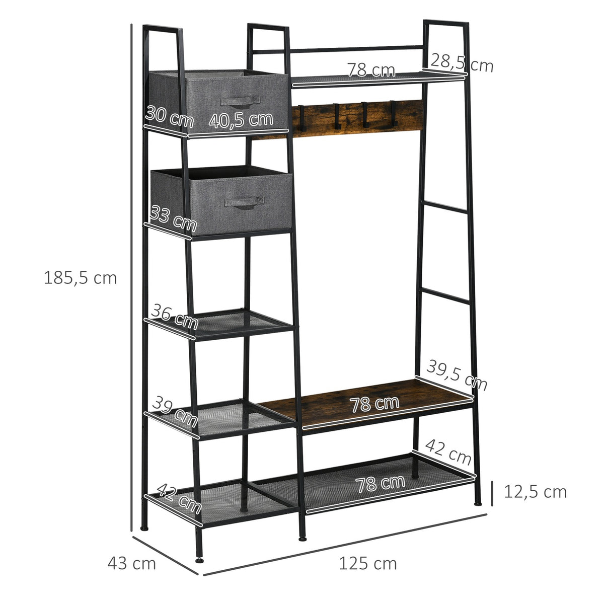 Coat Stand, Coat Stand With Bench, Clothes Stand With Fabric Drawers, 185.5 Cm High, Coat Rack, Rustic Brown + Gray