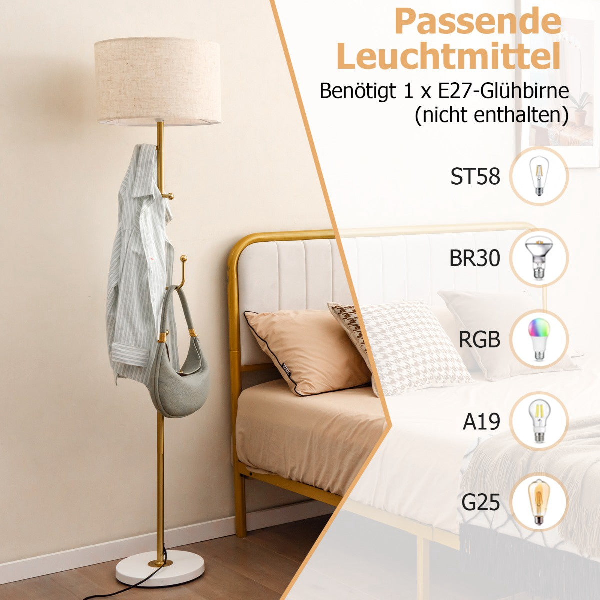 Coat Stand Floor Lamp, 5 Hooks, E27 Base, Foot Switch
