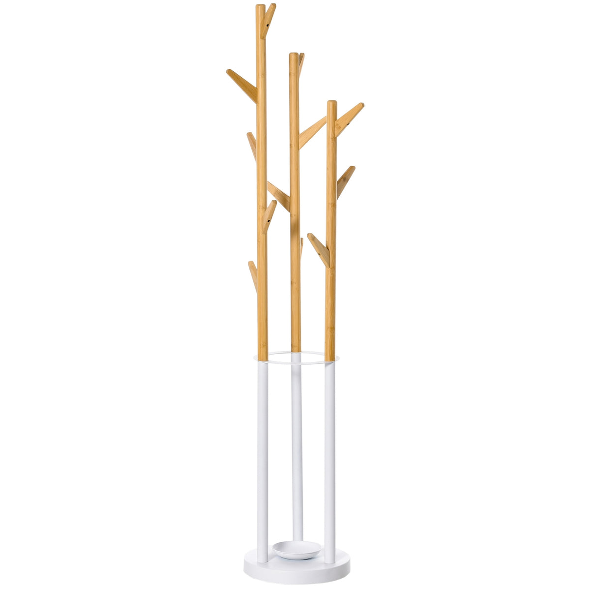 Coat Stand With 13 Hooks, Modern Umbrella Stand, Metal Bamboo, Natural + White