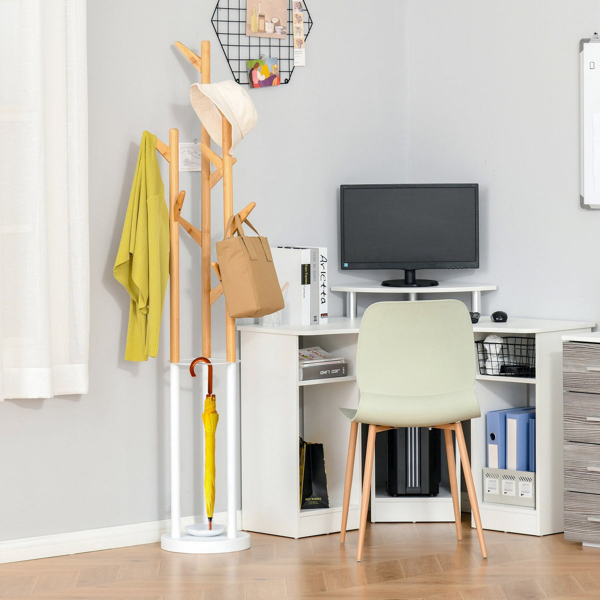 Coat Stand With 13 Hooks, Modern Umbrella Stand, Metal Bamboo, Natural + White
