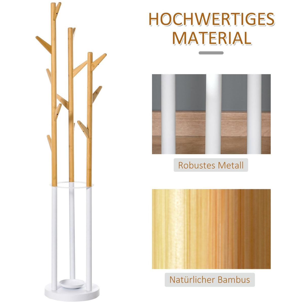Coat Stand With 13 Hooks, Modern Umbrella Stand, Metal Bamboo, Natural + White