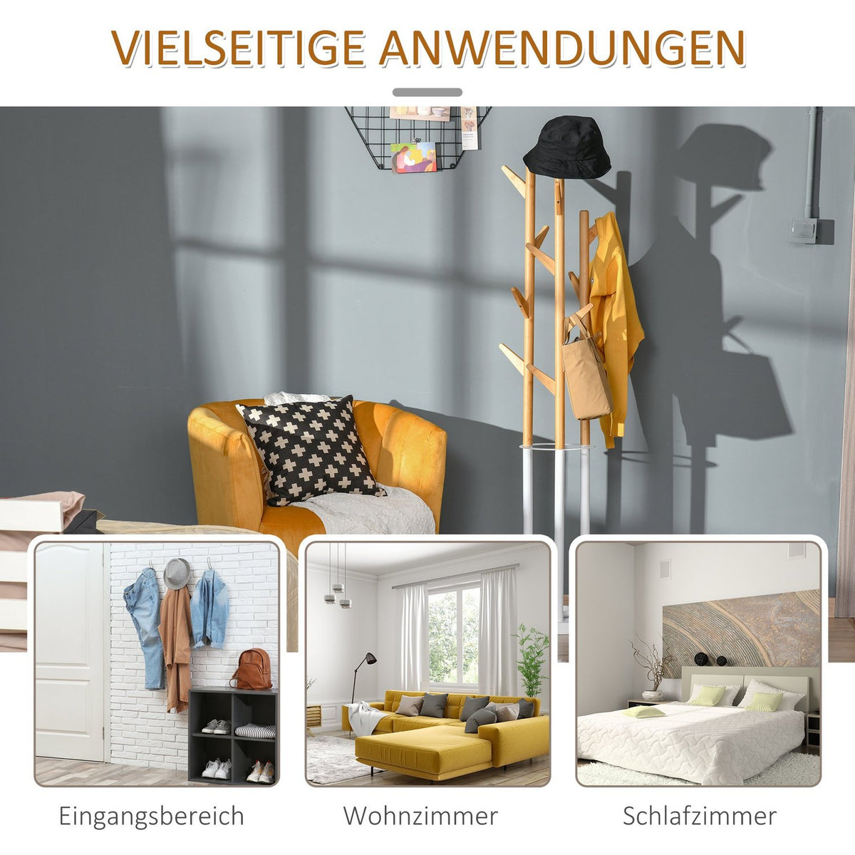 Coat Stand With 13 Hooks, Modern Umbrella Stand, Metal Bamboo, Natural + White