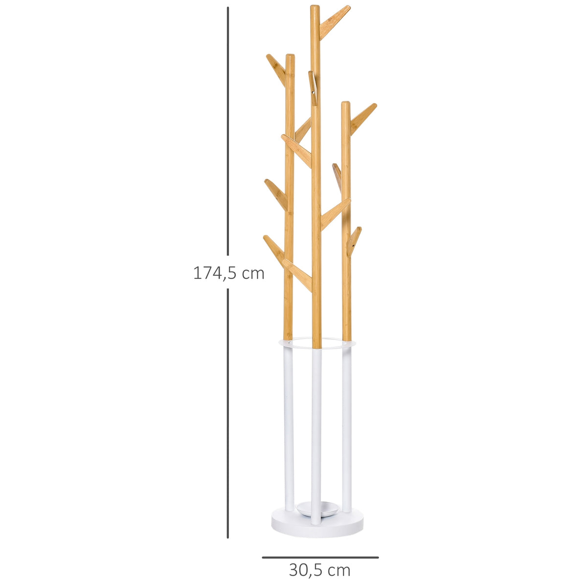 Coat Stand With 13 Hooks, Modern Umbrella Stand, Metal Bamboo, Natural + White