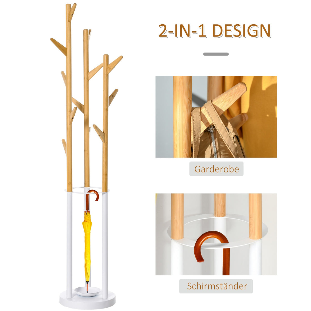 Coat Stand With 13 Hooks, Modern Umbrella Stand, Metal Bamboo, Natural + White