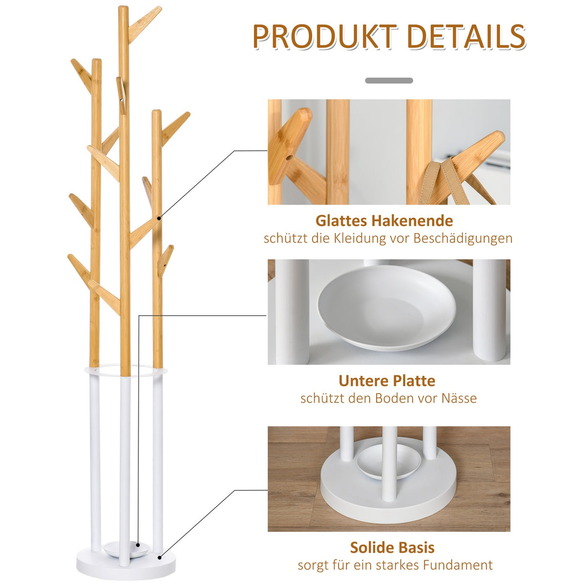 Coat Stand With 13 Hooks, Modern Umbrella Stand, Metal Bamboo, Natural + White