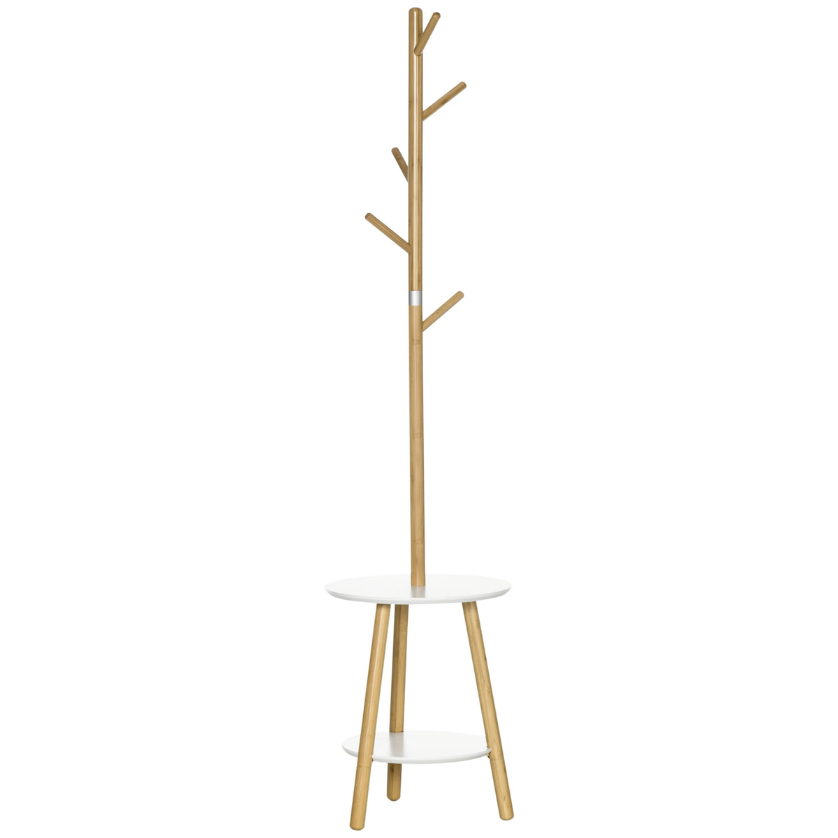 Coat Stand With 5 Coat Hooks & Side Table, 171 Cm High, Natural + White