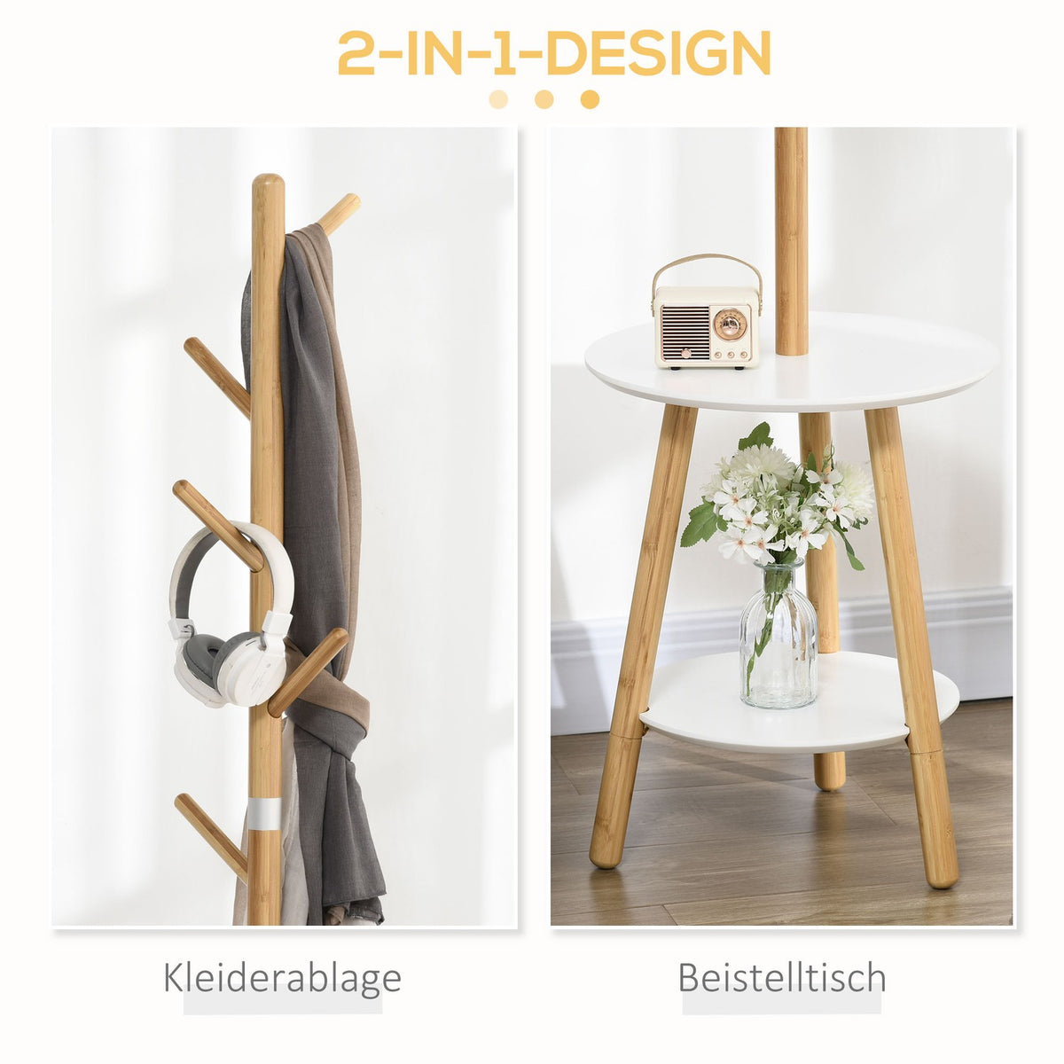 Coat Stand With 5 Coat Hooks & Side Table, 171 Cm High, Natural + White