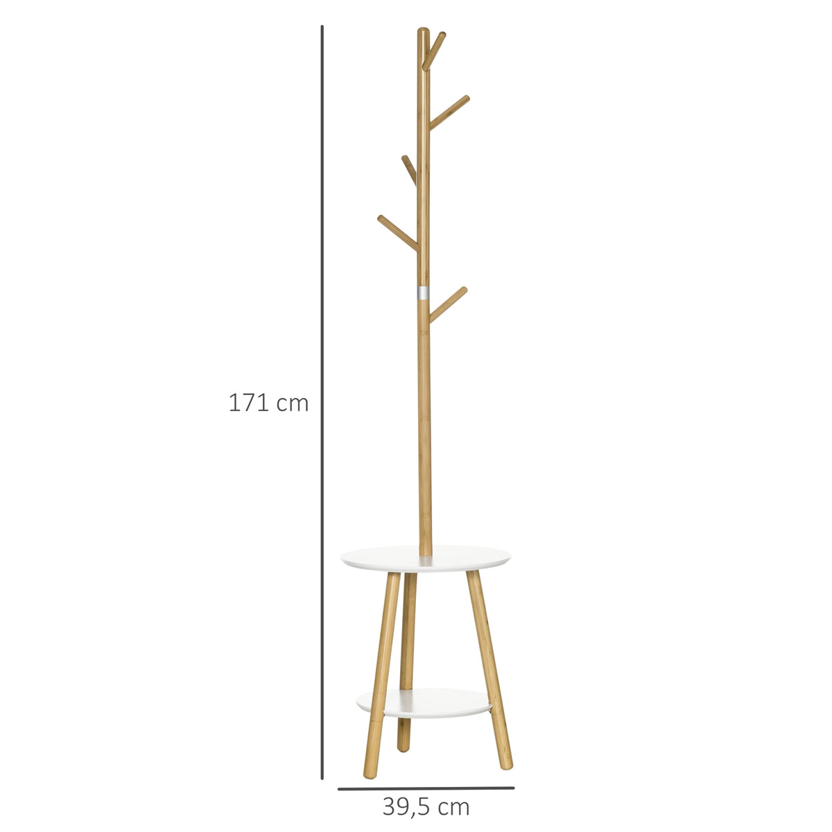 Coat Stand With 5 Coat Hooks & Side Table, 171 Cm High, Natural + White