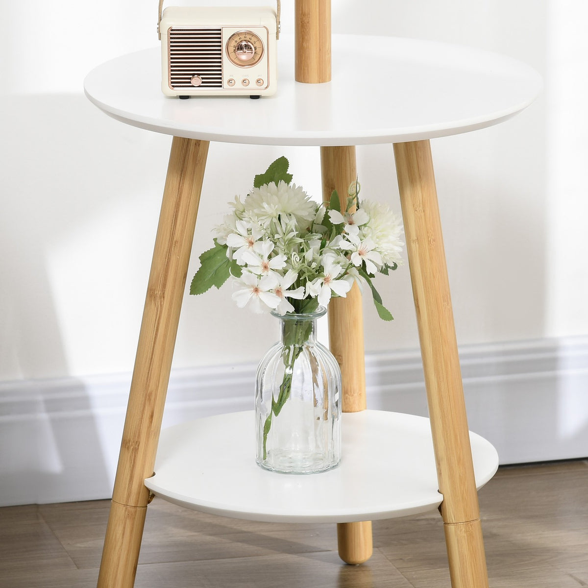Coat Stand With 5 Coat Hooks & Side Table, 171 Cm High, Natural + White