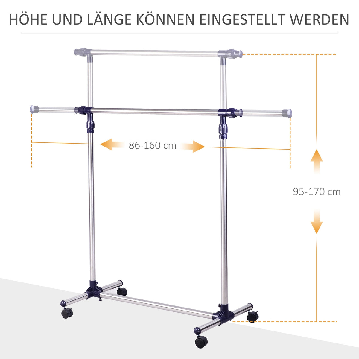 Coat Stand With Wheels, Height Adjustable, Extendable Clothes Rail, Stainless Steel