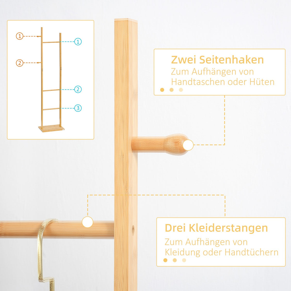Coat rack clothes rack with 2 hooks and 3 rods for hats and clothes 36x24x168 cm made of natural bamboo for hallway and entrance