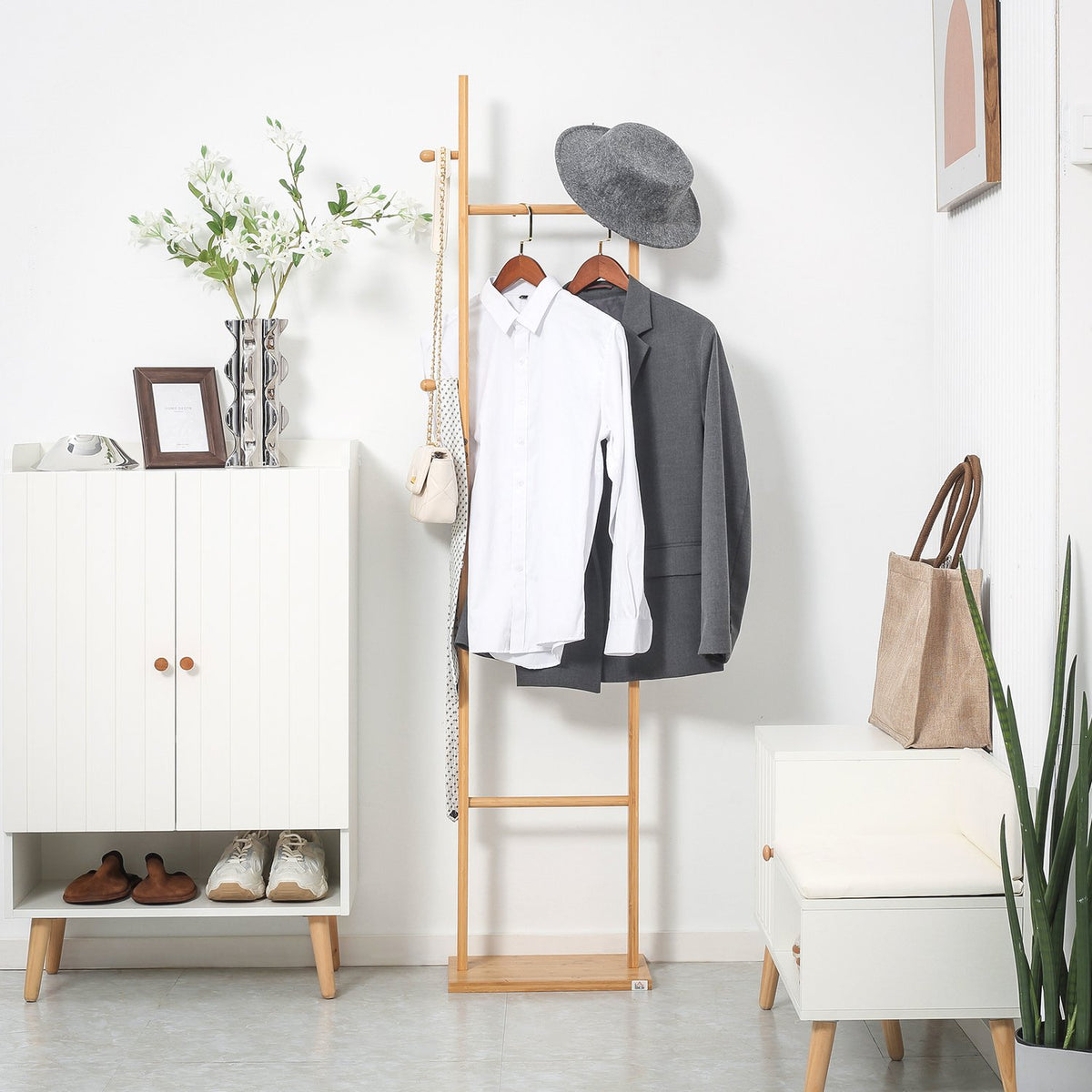 Coat rack clothes rack with 2 hooks and 3 rods for hats and clothes 36x24x168 cm made of natural bamboo for hallway and entrance
