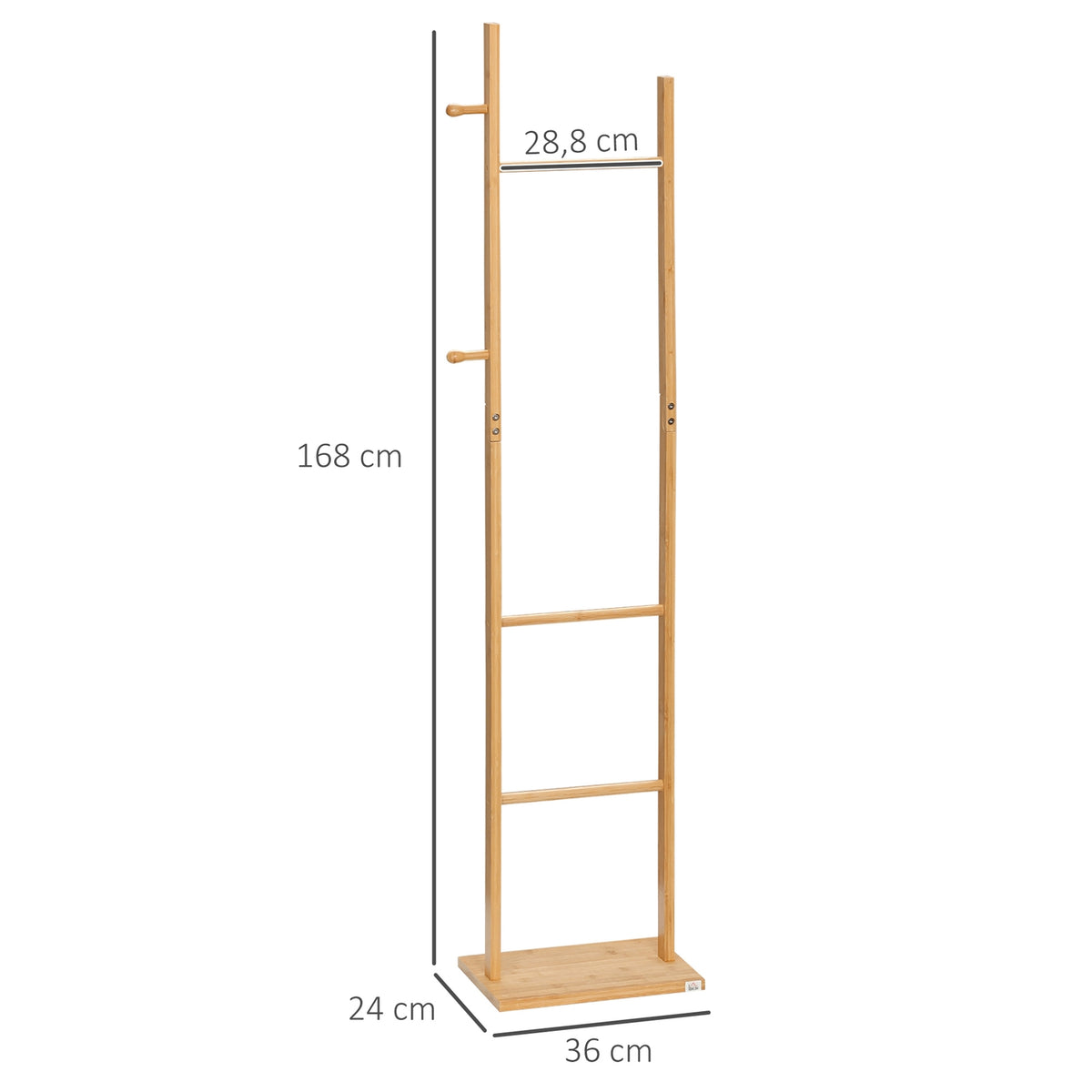Coat rack clothes rack with 2 hooks and 3 rods for hats and clothes 36x24x168 cm made of natural bamboo for hallway and entrance