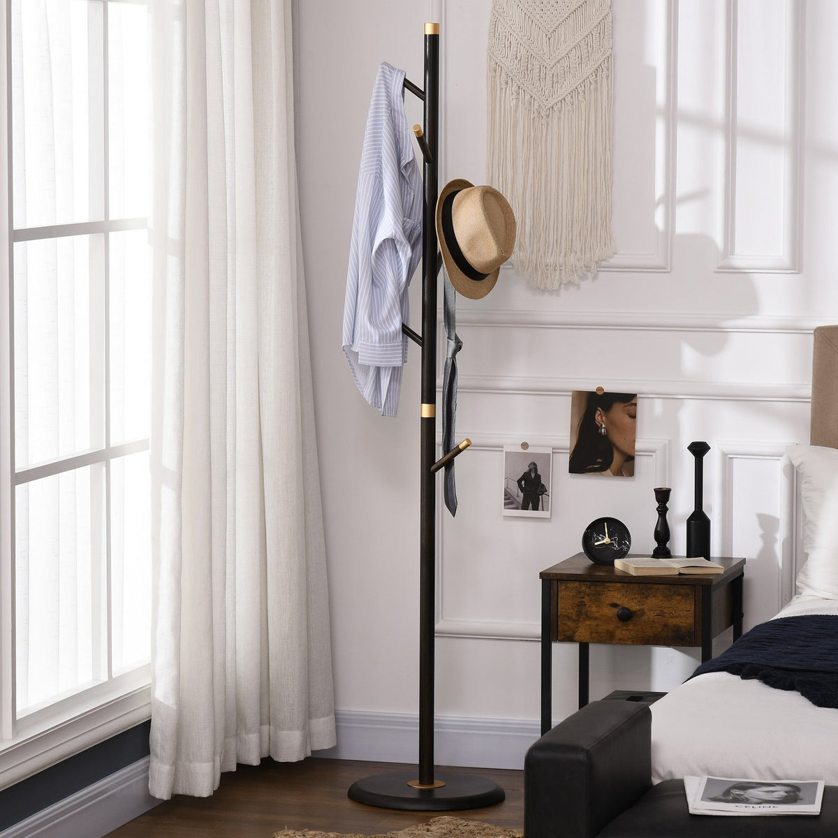 Coat rack with 6 hooks, clothes rack, standing coat rack for hallway, metal, walnut, 36x36x180cm