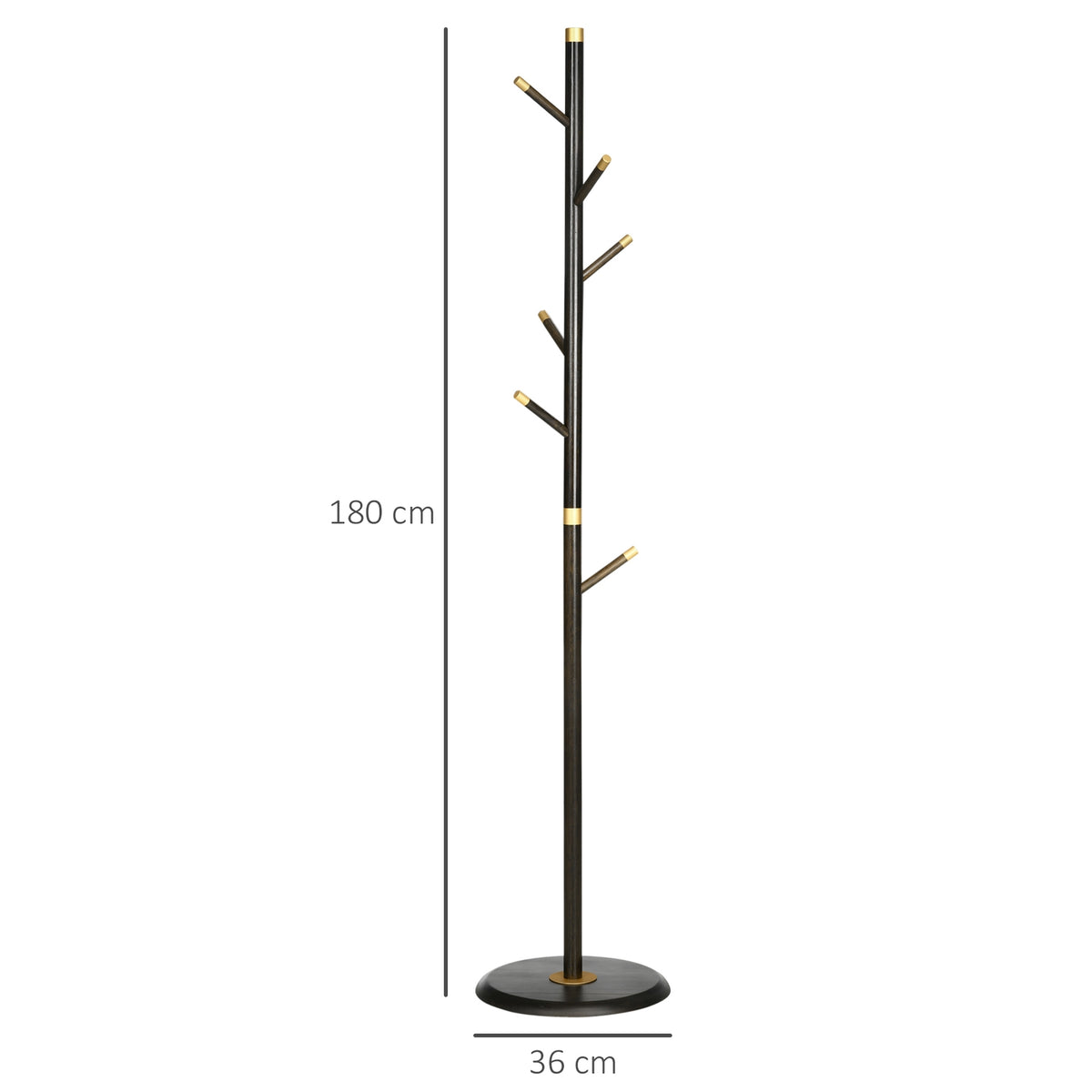 Coat rack with 6 hooks, clothes rack, standing coat rack for hallway, metal, walnut, 36x36x180cm