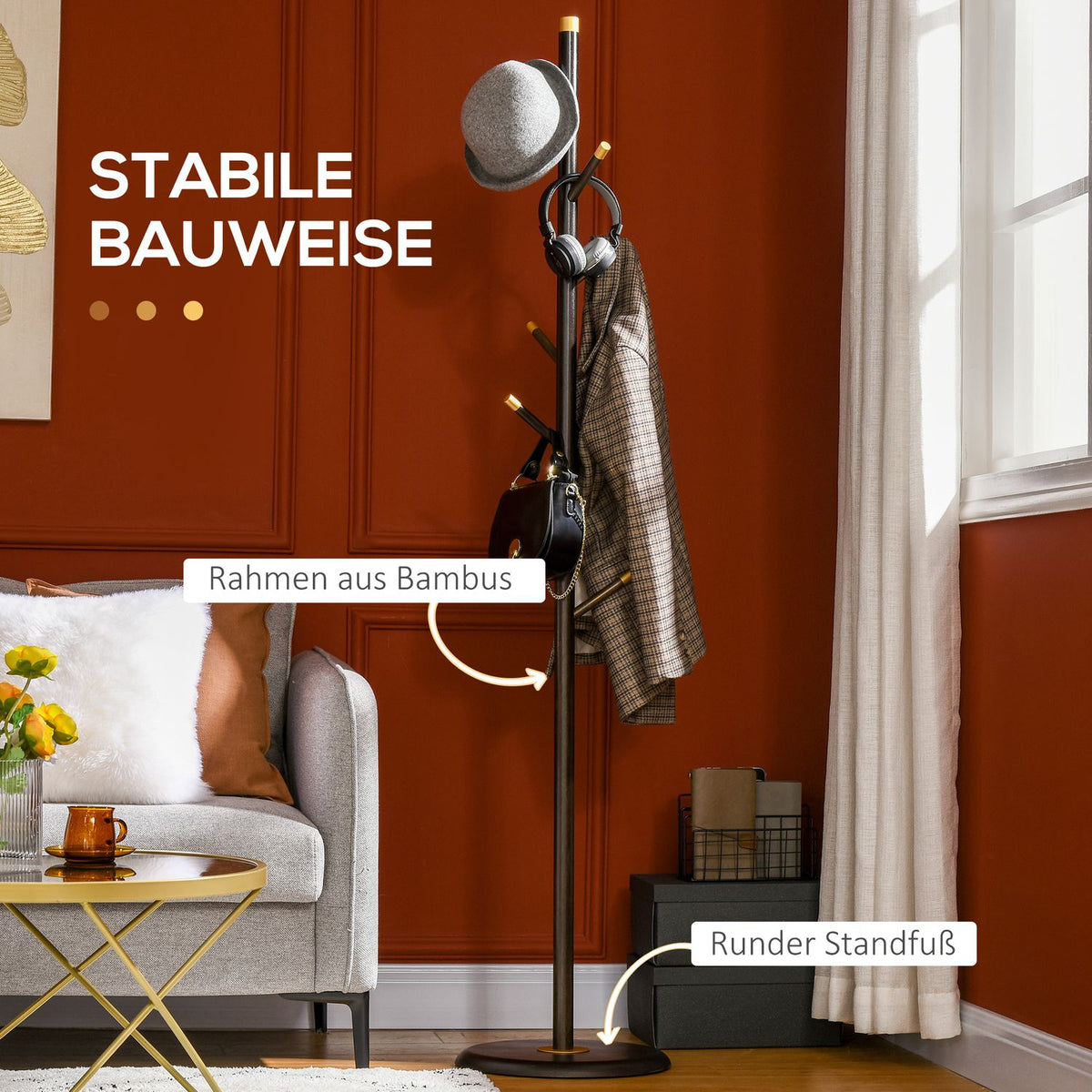 Coat rack with 6 hooks, clothes rack, standing coat rack for hallway, metal, walnut, 36x36x180cm