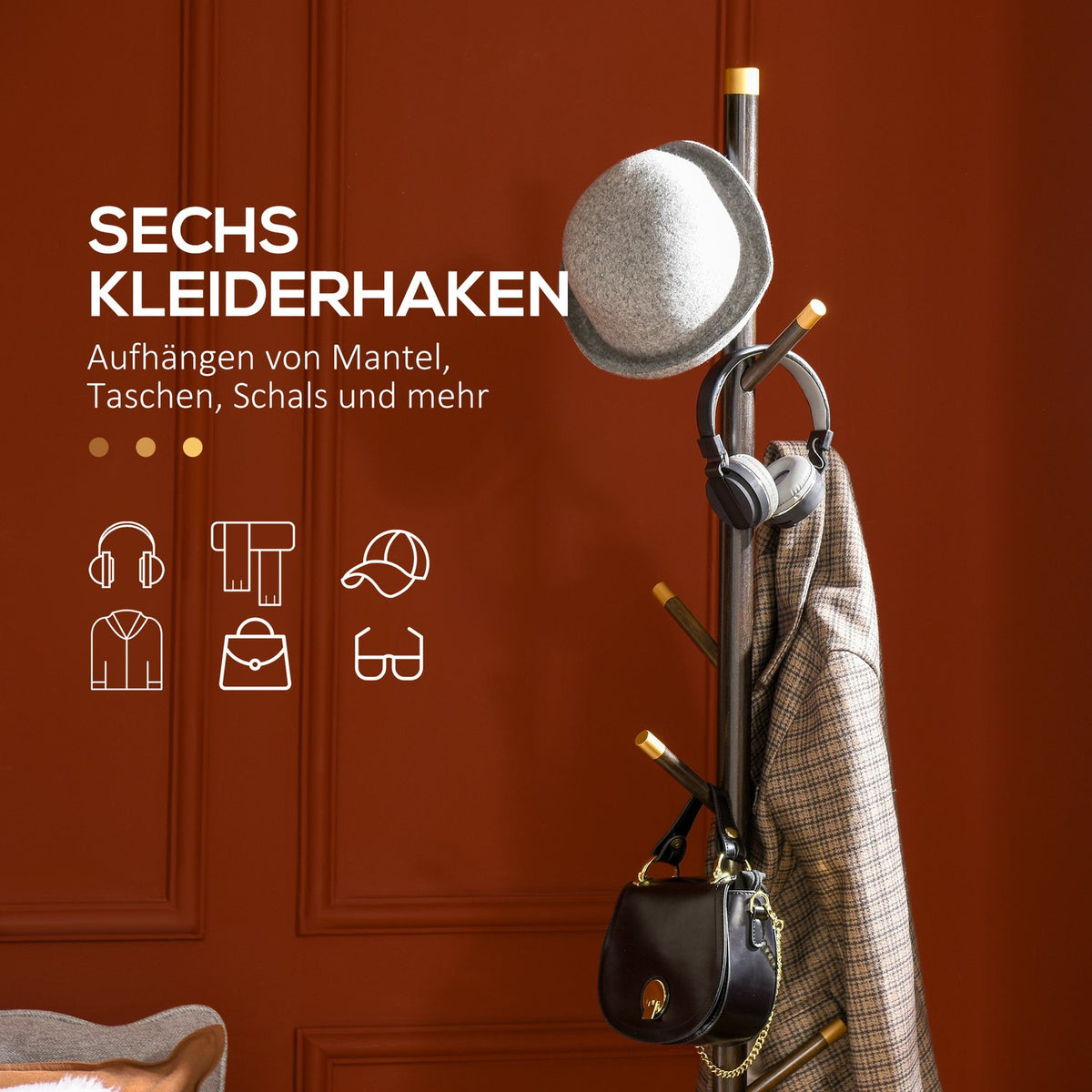 Coat rack with 6 hooks, clothes rack, standing coat rack for hallway, metal, walnut, 36x36x180cm