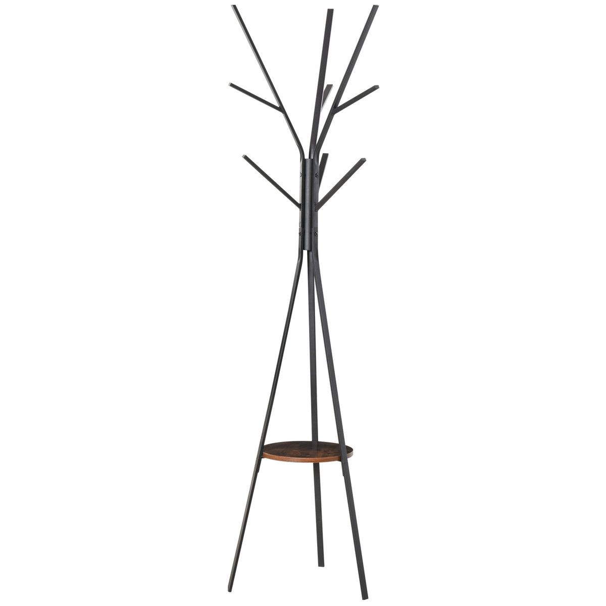 Coat rack with 8 hooks and shelf, standing coat rack for clothes, hats, bags, metal, brown, 45x45x180cm