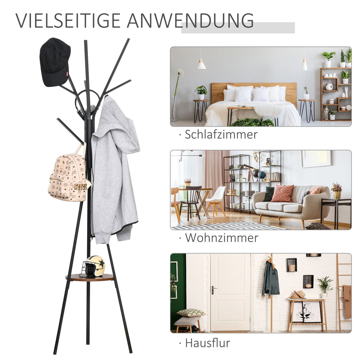 Coat rack with 8 hooks and shelf, standing coat rack for clothes, hats, bags, metal, brown, 45x45x180cm