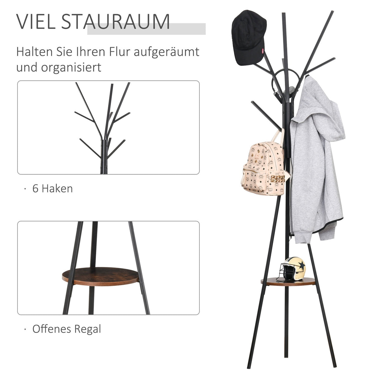 Coat rack with 8 hooks and shelf, standing coat rack for clothes, hats, bags, metal, brown, 45x45x180cm