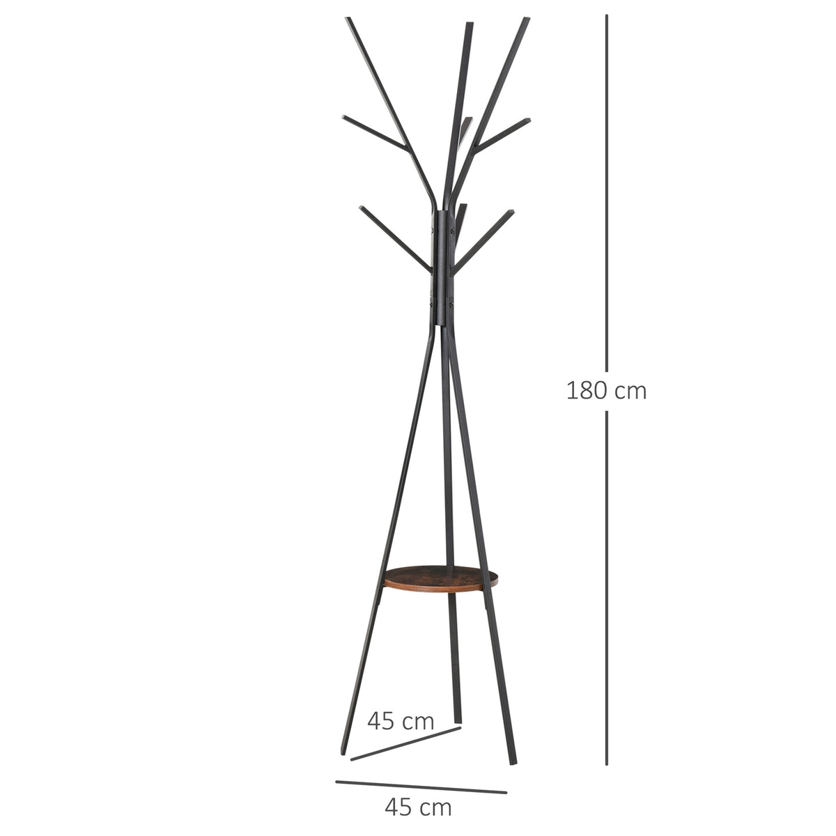 Coat rack with 8 hooks and shelf, standing coat rack for clothes, hats, bags, metal, brown, 45x45x180cm