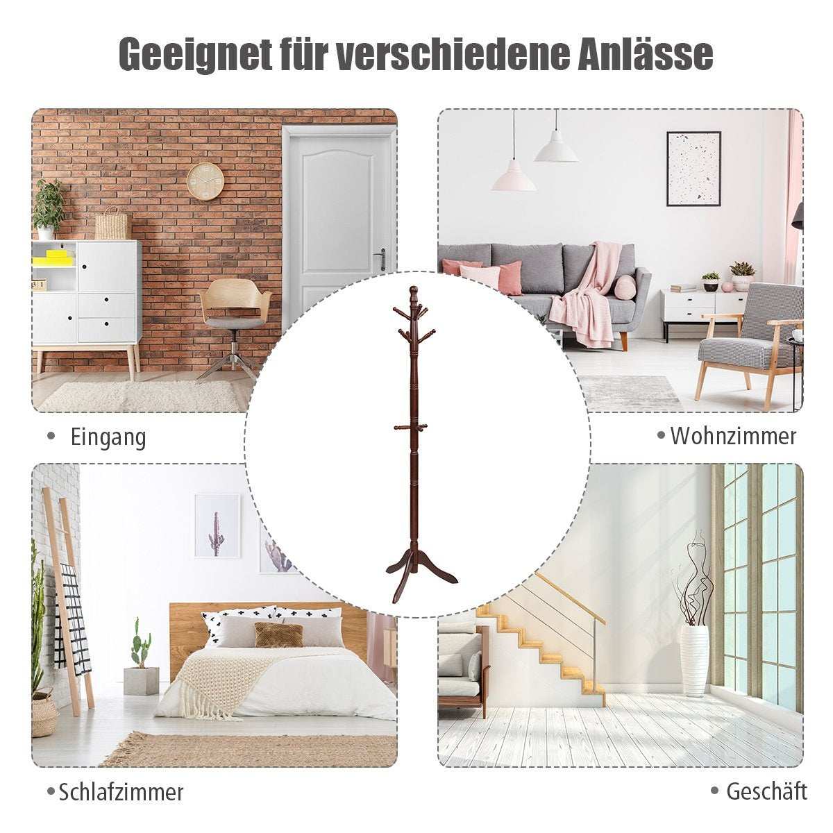 Coat rack with 9 hooks free-standing clothes rack with adjustable height 175 cm brown