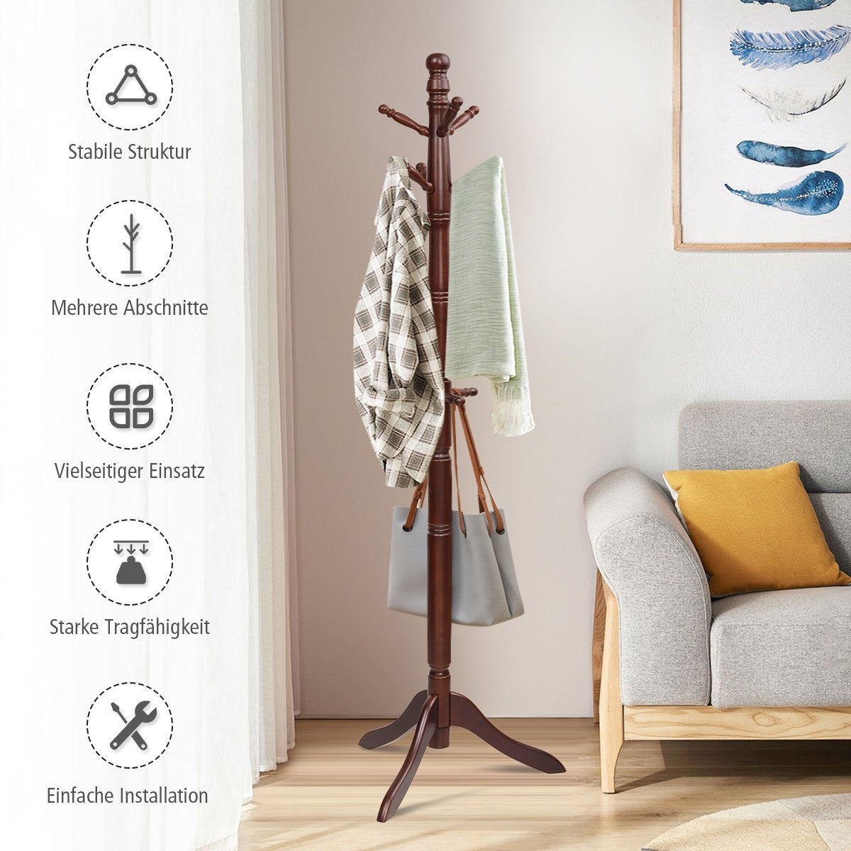 Coat rack with 9 hooks free-standing clothes rack with adjustable height 175 cm brown