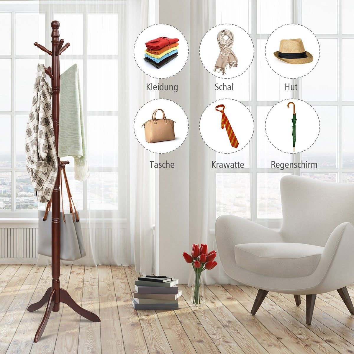 Coat rack with 9 hooks free-standing clothes rack with adjustable height 175 cm brown