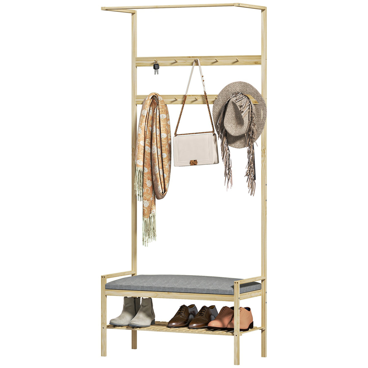 Coat rack with shoe bench, clothes rack with hooks, shoe rack, coat rack with seat cushion, jacket rack for entrance area, hallway, bamboo, natural