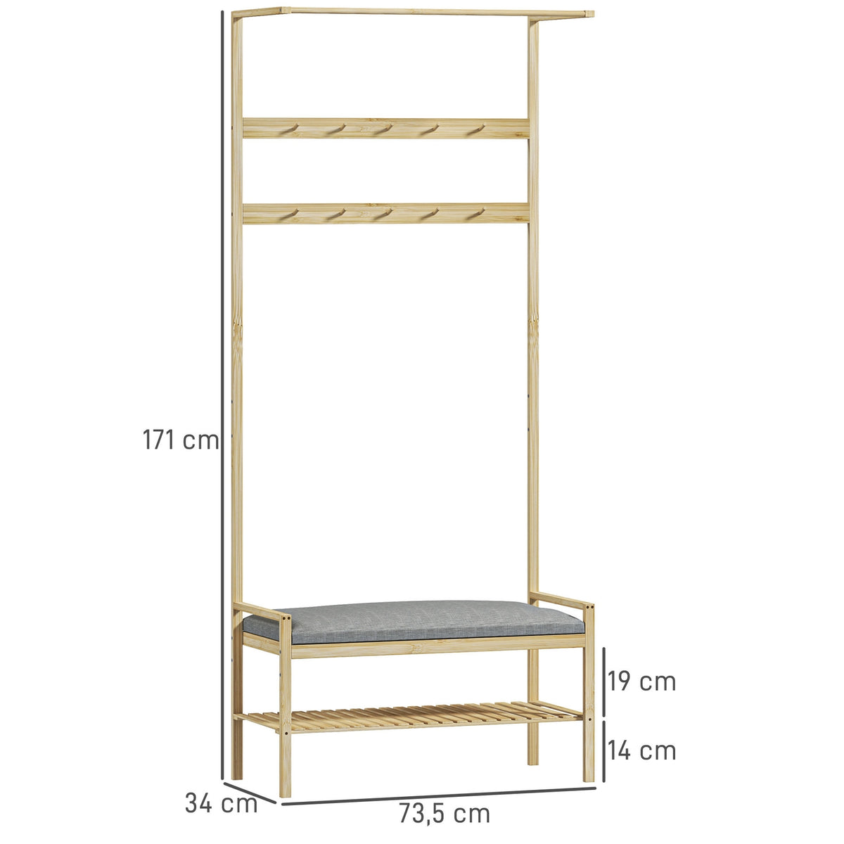 Coat rack with shoe bench, clothes rack with hooks, shoe rack, coat rack with seat cushion, jacket rack for entrance area, hallway, bamboo, natural