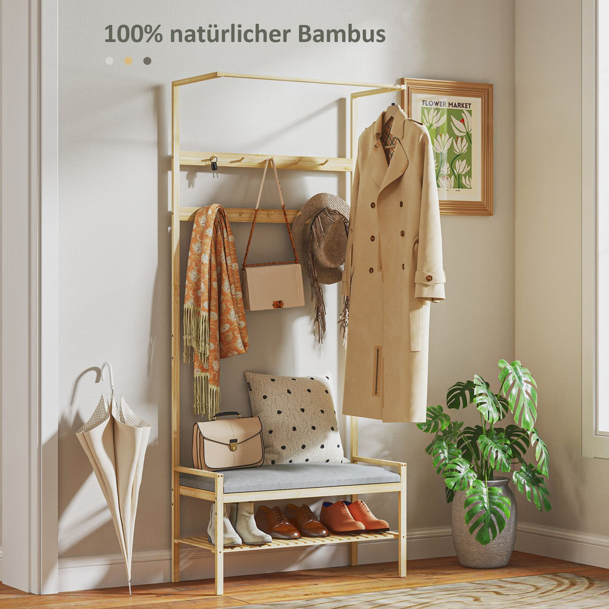 Coat rack with shoe bench, clothes rack with hooks, shoe rack, coat rack with seat cushion, jacket rack for entrance area, hallway, bamboo, natural