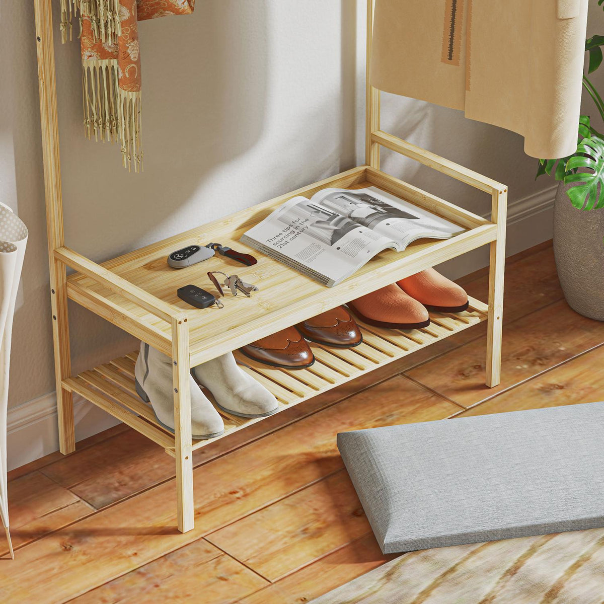 Coat rack with shoe bench, clothes rack with hooks, shoe rack, coat rack with seat cushion, jacket rack for entrance area, hallway, bamboo, natural