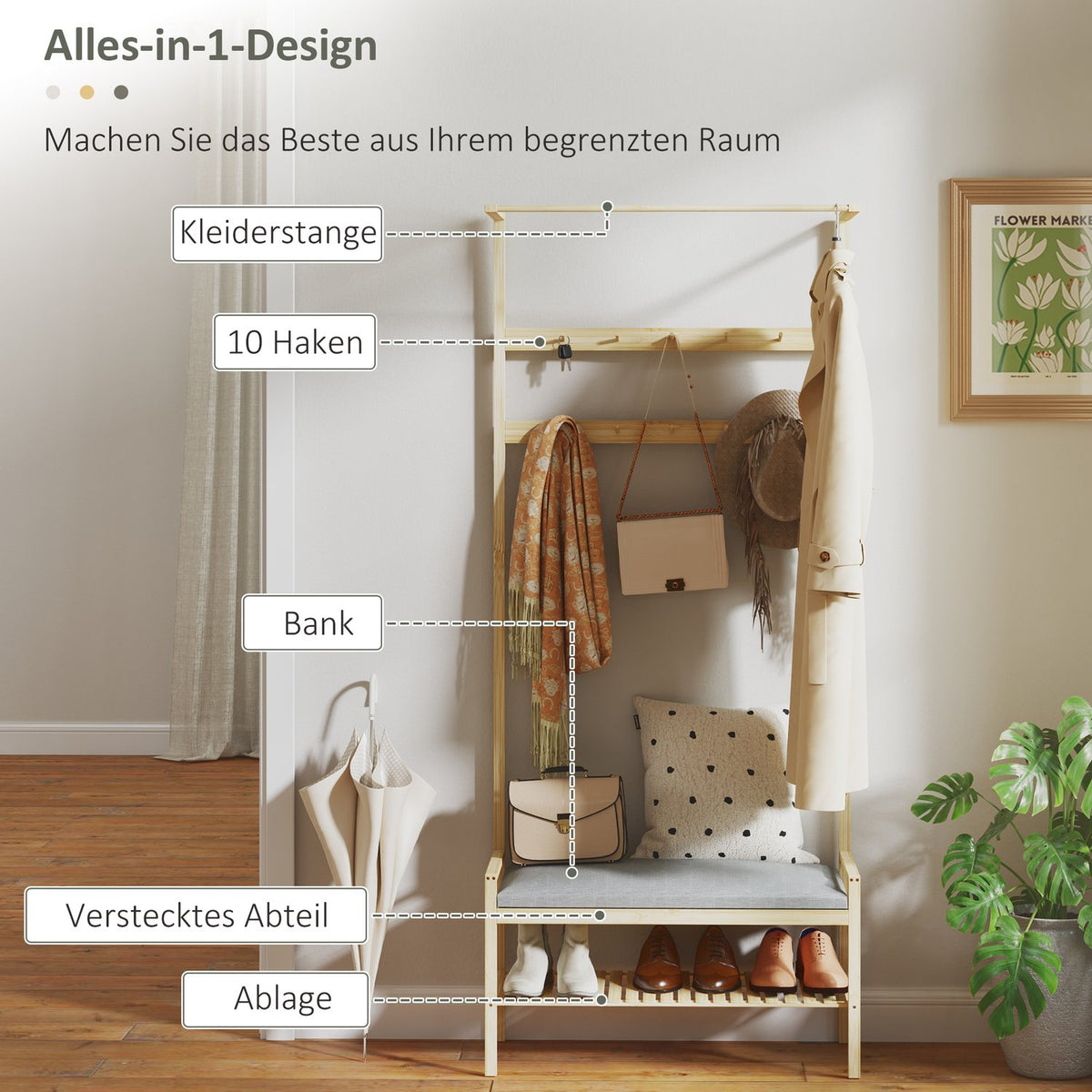 Coat rack with shoe bench, clothes rack with hooks, shoe rack, coat rack with seat cushion, jacket rack for entrance area, hallway, bamboo, natural