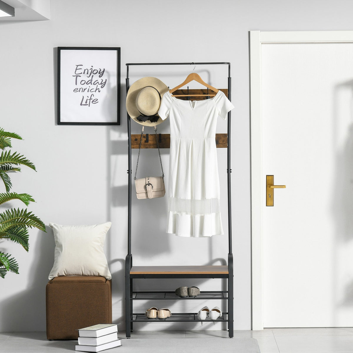 Coat rack with shoe rack, clothes rack, 8 hooks, 2 shelves, MDF, black, 72 x 34 x 185 cm