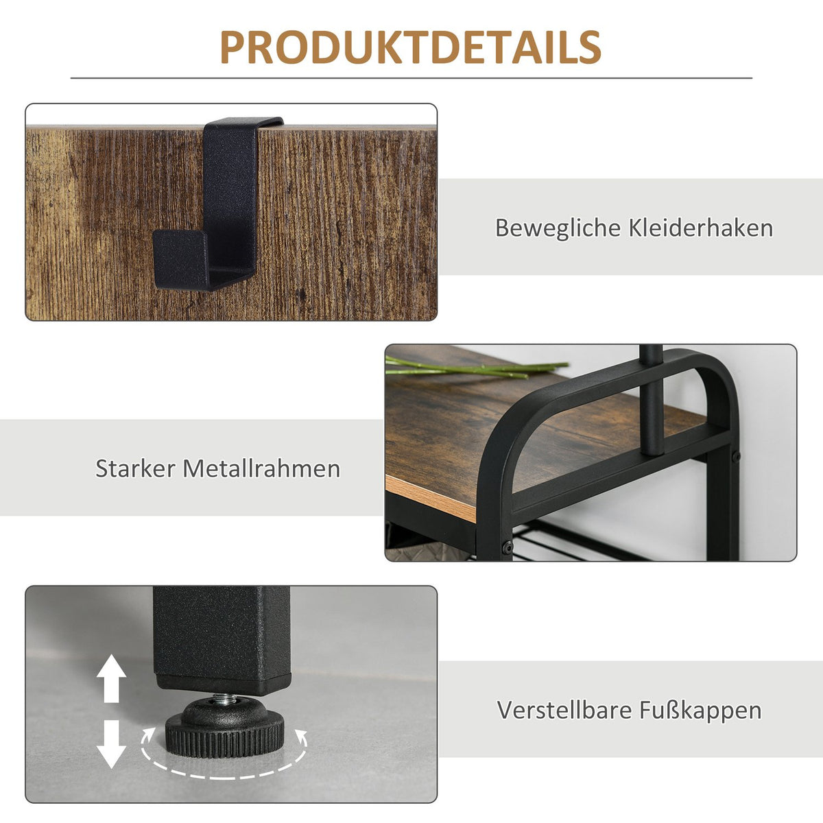 Coat rack with shoe rack, clothes rack, 8 hooks, 2 shelves, MDF, black, 72 x 34 x 185 cm