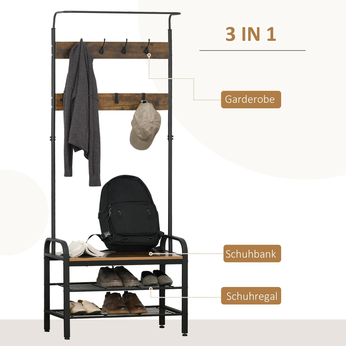 Coat rack with shoe rack, clothes rack, 8 hooks, 2 shelves, MDF, black, 72 x 34 x 185 cm