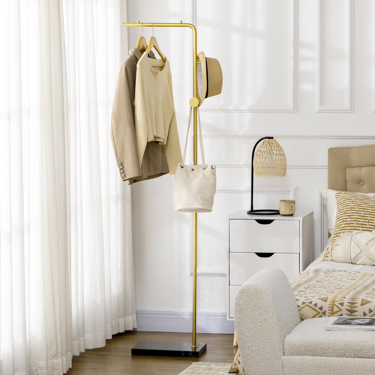 Coat stand, clothes stand with hooks, marble base coat rack for clothes, hats, for living room, entrance, 35 x 25 x 170 cm, gold + black