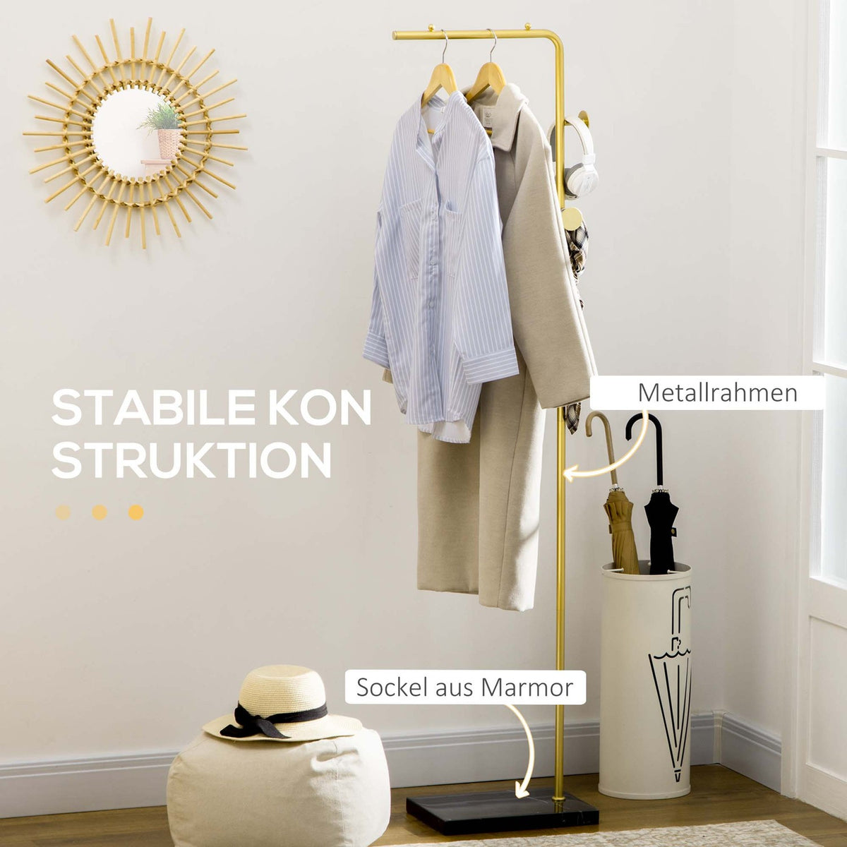 Coat stand, clothes stand with hooks, marble base coat rack for clothes, hats, for living room, entrance, 35 x 25 x 170 cm, gold + black