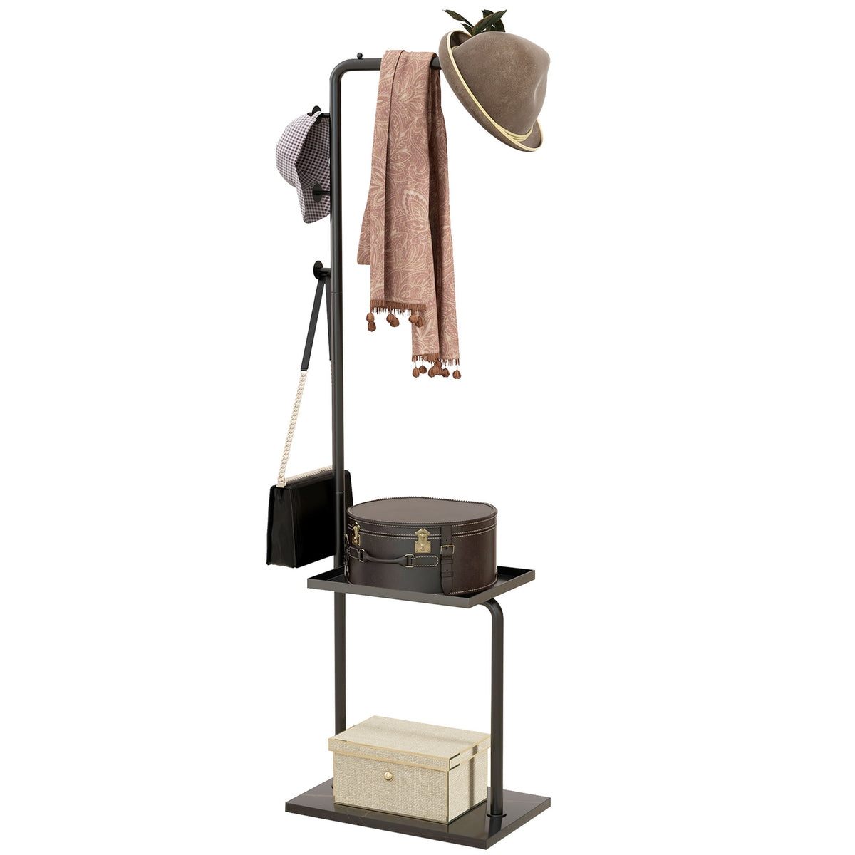 Coat stand, clothes stand with hooks, tray, coat rack for clothes, hats, for hallway, entrance, 45 x 28 x 148 cm, black