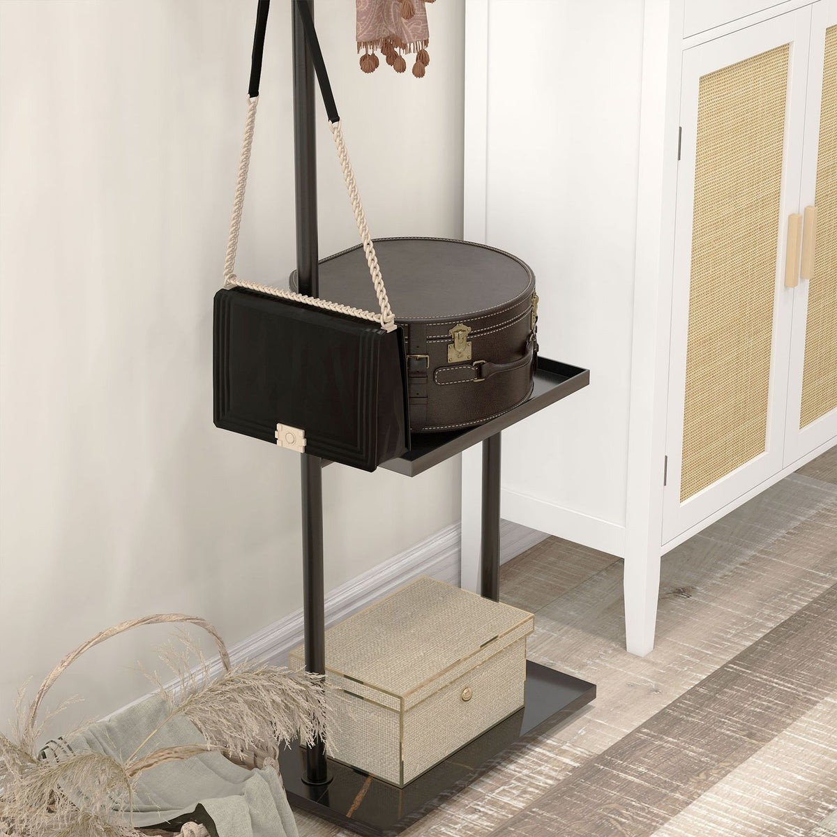 Coat stand, clothes stand with hooks, tray, coat rack for clothes, hats, for hallway, entrance, 45 x 28 x 148 cm, black