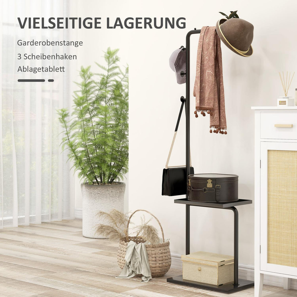 Coat stand, clothes stand with hooks, tray, coat rack for clothes, hats, for hallway, entrance, 45 x 28 x 148 cm, black