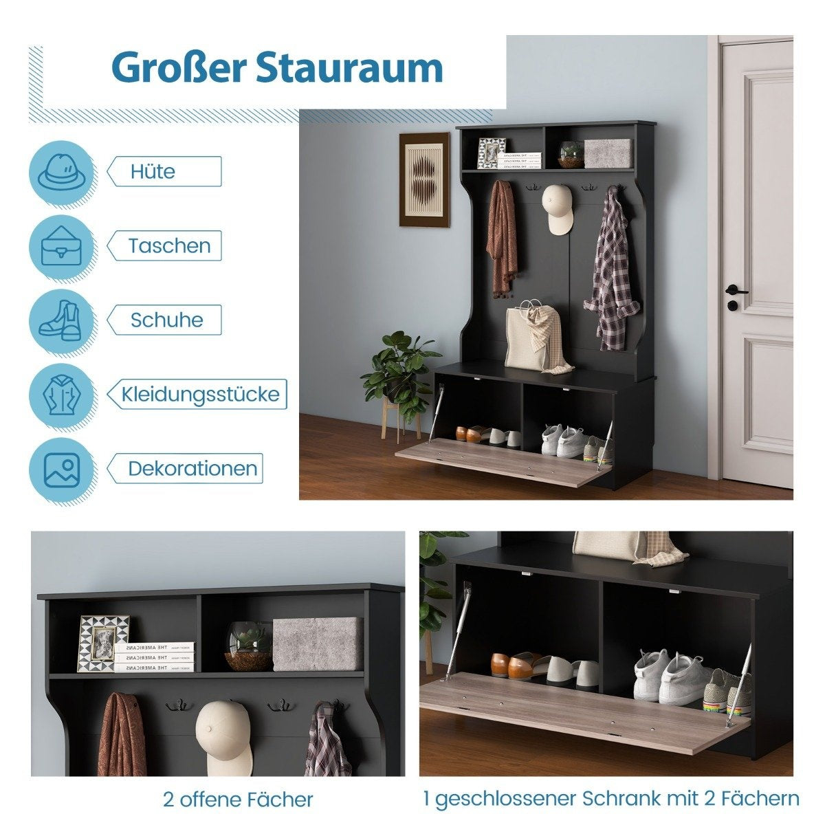 Coat stand with bench & 5 double hooks coat rack hallway coat rack 100 x 40 x 160 cm black